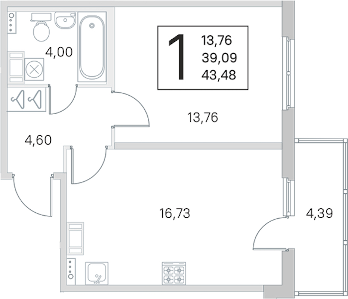 1-комнатная квартира 39.09 м², 4/4 эт., ЖК «Любоград в Стрельне»